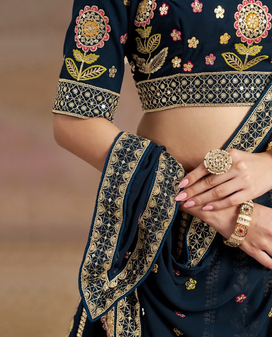 6008-BLUE - Stunning blue Thread Work Georgette Engagement Wear Lehenga With Blouse